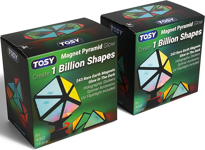 TOSY Magnet Pyramid Glow - 1 Cube Transforms into 1 Billion Shapes, 12 Pieces, 243 Rare Earth