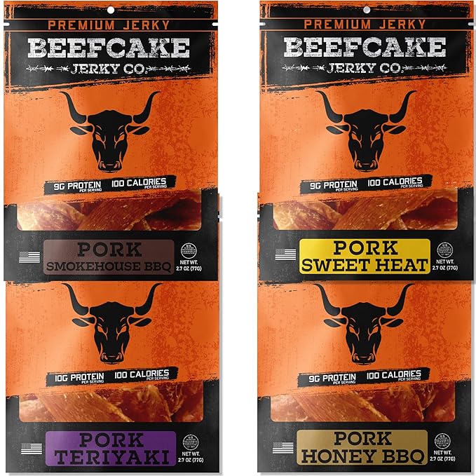BEEFCAKE Jerky Pork Lover Variety Pack, Includes Beef Jerky Sweet Heat, Teriyaki, Honey BBQ &