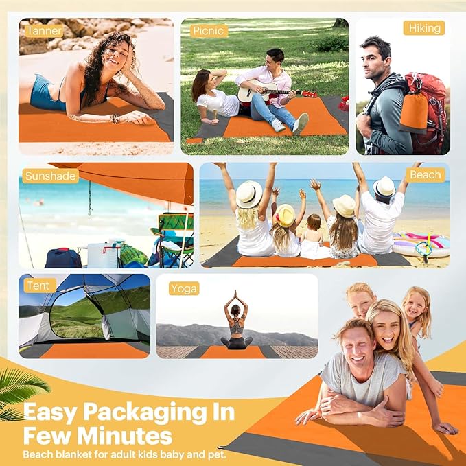 EASYFUN Beach Blanket Sandproof Oversized, 79''×83'' Extra Large Beach Mat, Portable Picnic Mat for
