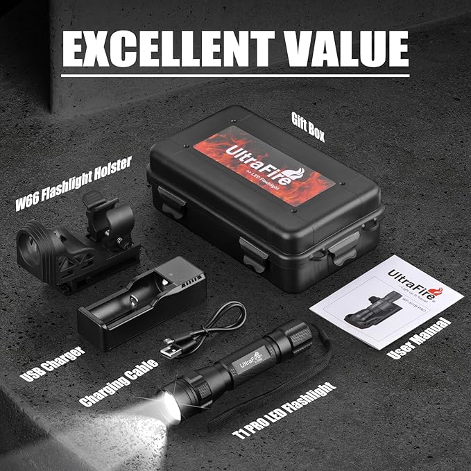 ULTRAFIRE 1000 High Lumen Tactical EDC Flashlight with Holster,Single Mode Police Flashlight with