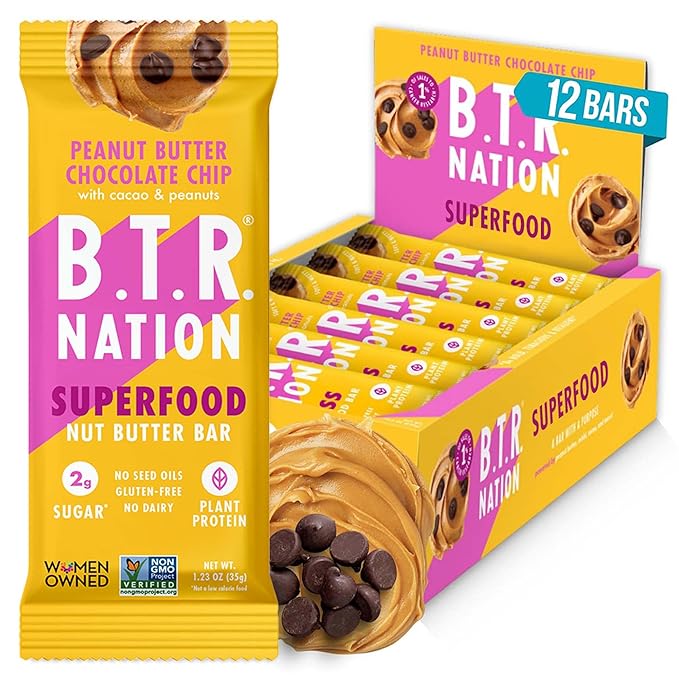 B.T.R. Nation Vegan Keto Superfood Protein Bars - Peanut Butter Chocolate Chip BLISS | (12) Bars |