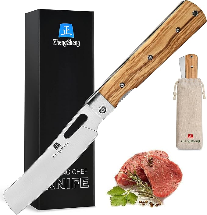 Folding Chef Knife 4.8” Ultra Sharp 440A Stainless Steel Blade Natural Olive Handle Pocket Foldable