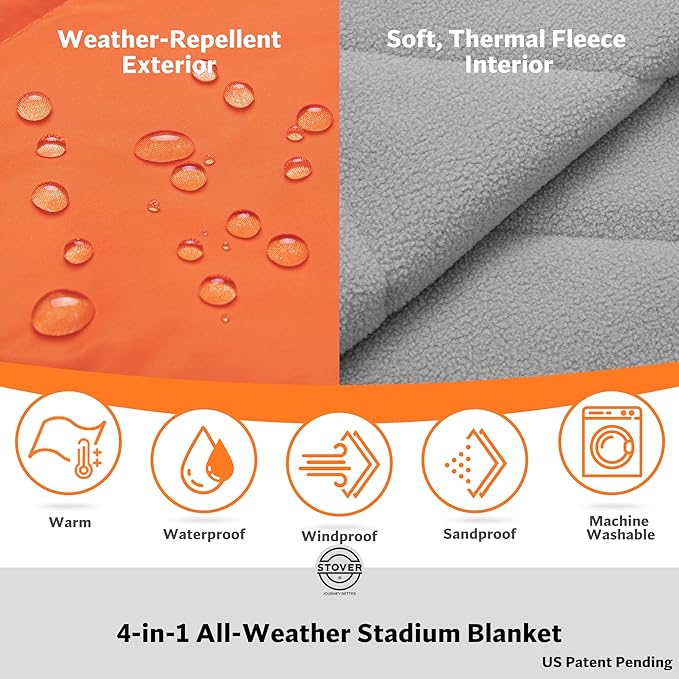 STOVER Waterproof Stadium Blanket – Portable Outdoor Camping Blanket for Travel, Picnics, or Sports