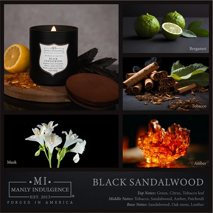 Manly Indulgence Black Sandalwood Scented Candle for Men 15 oz – Bergamot, Tobacco, Amber & Musk