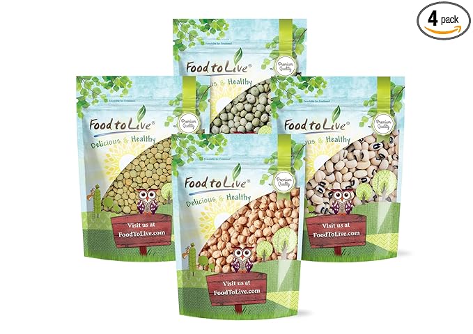 Food to Live Premium Pulses Bundle, 4 Pack ??Chickpeas(5 LB), Whole Green Peas(5 LB), Green