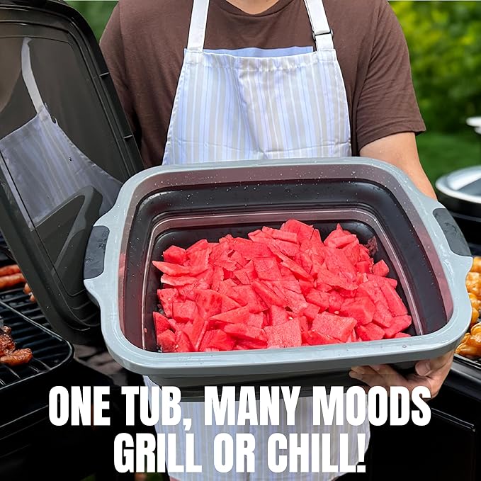 Collapsible X-Large (16L) BBQ Marinating Tub w/Cutting Board | Multipurpose Food-Grade TPE Prep Tub