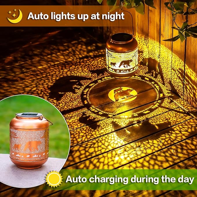 Bear Solar Lanterns Outdoor Waterproof,Hanging Solar Lights Bear Gifts for Women Men Metal LED