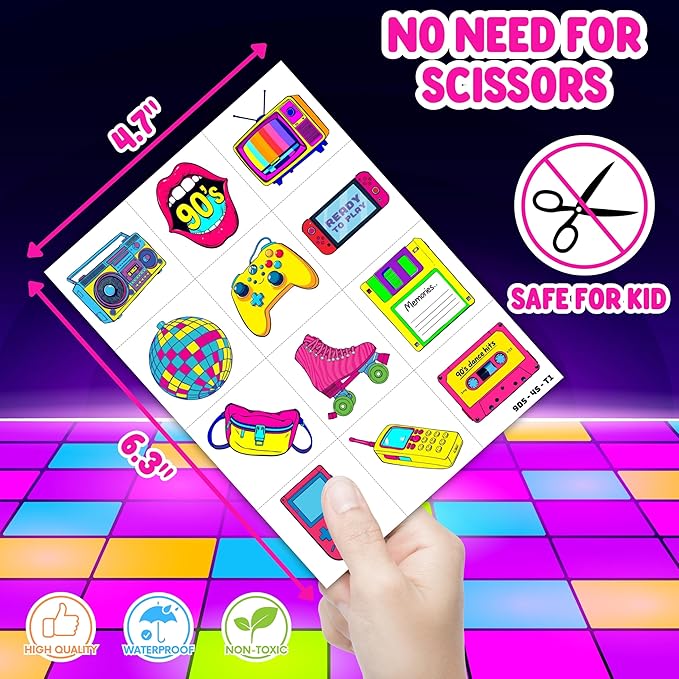 72PCS 90s & 80s Party Favors - 48PCS Pre-Cut Tattoos & 24PCS Slap Bracelets, Retro 90s Birthday