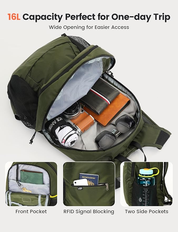 SKYSPER 16L Hiking Backpack Lightweight Small for Women Men, Foldable Packable Daypack - Travel