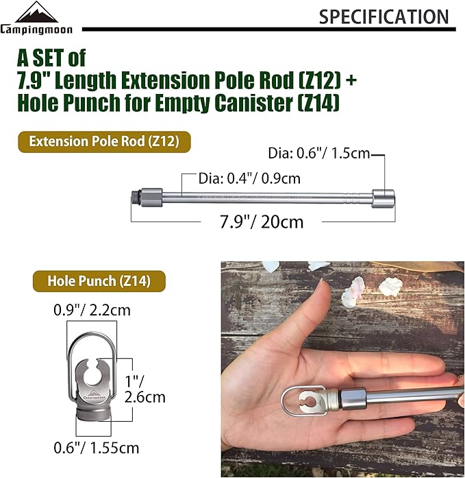CAMPINGMOON Extension Pole Rod for Camping Lantern with Hole Punch for Empty Canister Z12/Z14 (Hole