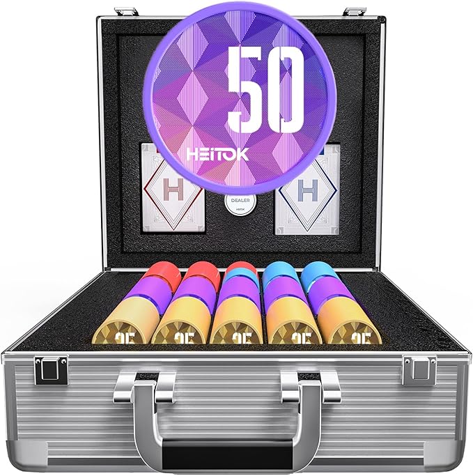 600-Piece Casino Poker Chip Set with Denominations, 11.5g Weighted Chips, 2 Decks, Compact Aluminum