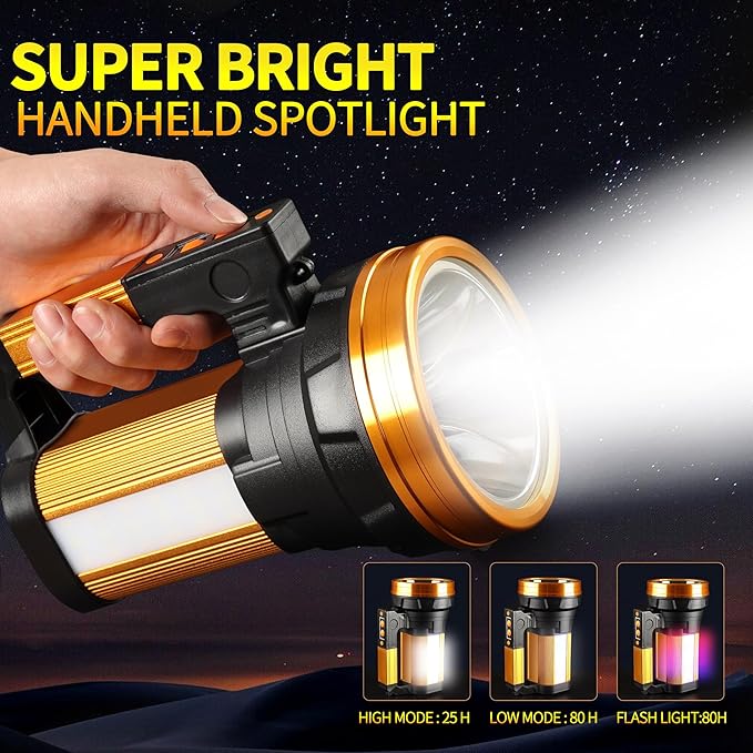 Rechargeable 2000LM Spotlight Flashlight 13600mAh LED Spotlight IP67 Waterproof Handheld Flashlight