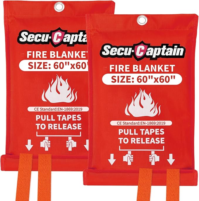 SecuCaptain Emergency Fire Blanket for Home - 2 Pack 60"x60" X-Large Flame Retardant Blankets with