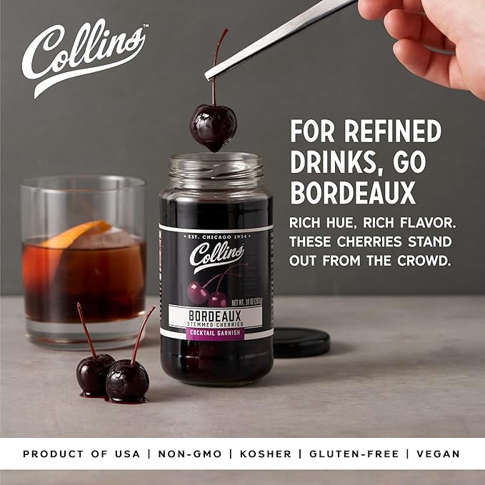 Collins Stemmed Black Cherries for Cocktails, Old Fashioned, Manhattan, and Whiskey Sour, Cocktail