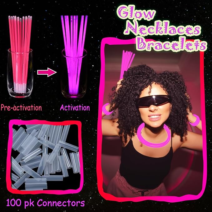 ILHSTY 100 pk 8'' Pink Glow Sticks Glow Necklaces In The Dark Party Favors Supplies Bright