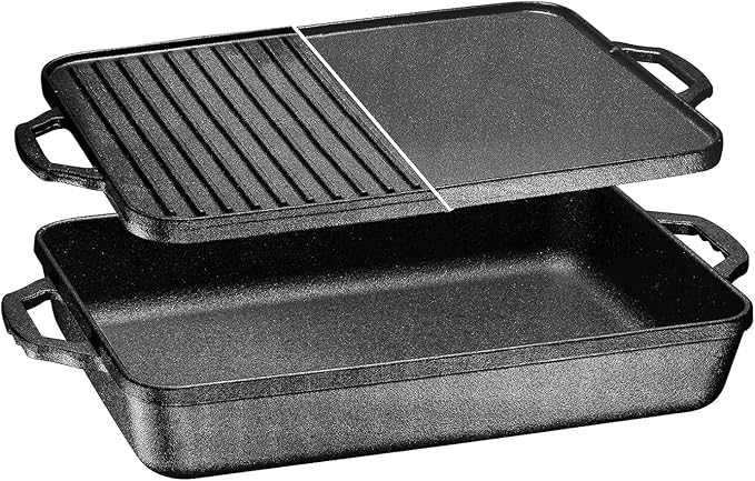 Bruntmor 3-in-1 Pre-Seasoned Cast Iron Pan with Reversible Grill Griddle Lid - 17.8"x11"x3.3"