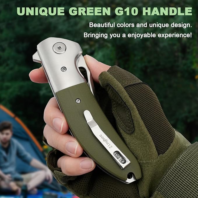 Pocket Knife with Clip, 3.7" 14C28N Blade EDC Folding Knife with Green G10 Handle, Outdoor Camping