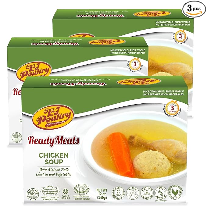 KJ Poultry Kosher Ready Meals - Matza Ball Chicken Soup & Vegetables, CHOMETZ NOT for PASSOVER, MRE