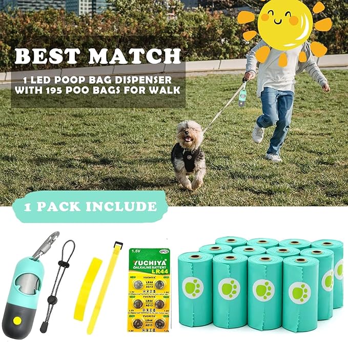 Dog Poop Bags Holder with LED Flashlight|Pet Waste Bags Dispenser for Leash|Doggie Potty Bags