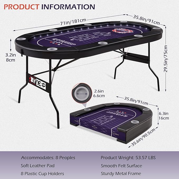 71" LED Poker Table - 8 Player Foldable Texas Hold'em Table with Built-in LED Lights, Padded Rails