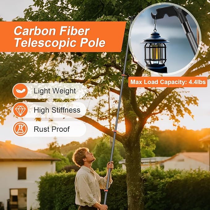 Carbon Fiber Christmas Light Pole Hanger Tool, Extendable 4.7-24 FT High Reach Telescoping Pole