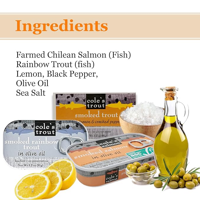 COLE'S Canned Seafood Variety Pack - Salmon, Rainbow Trout in Olive Oil & Trout with Lemon &