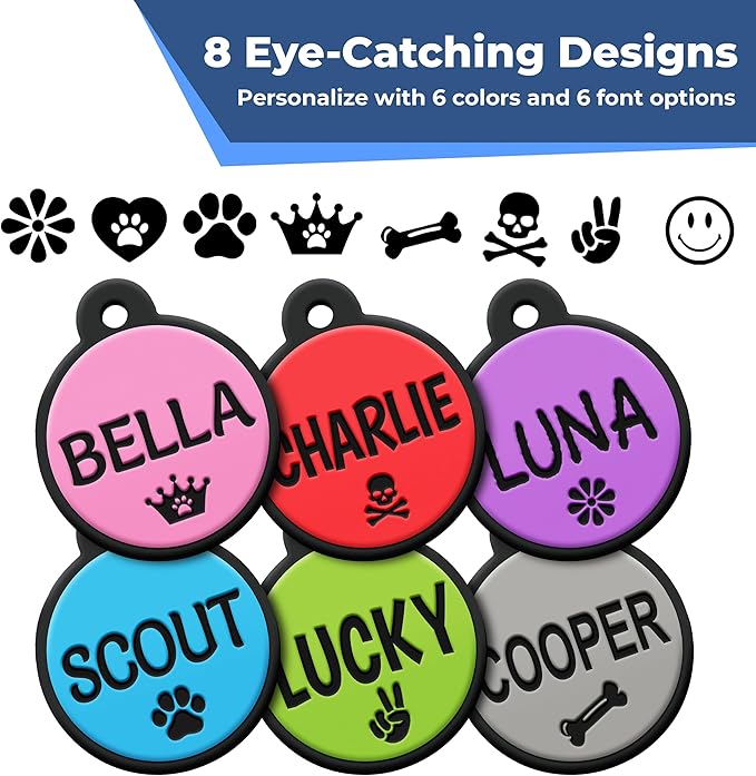 GoTags Silicone Dog Tags, Soundless Pet Tag, Personalized Silent Tag Engraved for Pets with Cute