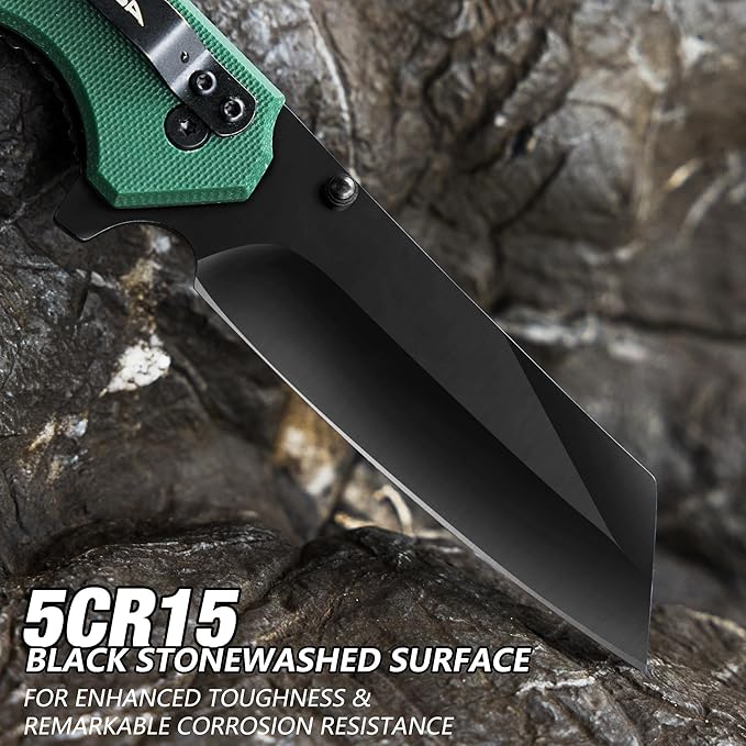 FLISSA Folding Knife, 4-3/4" Reverse Tanto Folding Pocket Knife, Black Stonewash Blade, G10 Handle