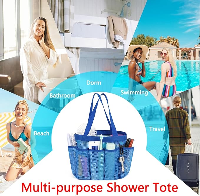 Mesh Shower Caddy Portable for College Dorm Room Essentials, 8-Pocket Large Shower Basket Tote Bag