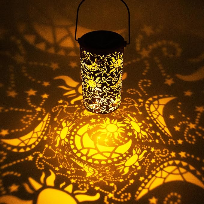 Solar Lanterns Outdoor Hanging Lantern Lights,Sun Moon Metal Decor Lanterns-Waterproof LED