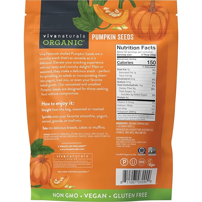 Viva Naturals Organic Pumpkin Seeds, 2 lb (32 oz, 907 g) – Shelled, Unroasted, Unsalted, Non-GMO