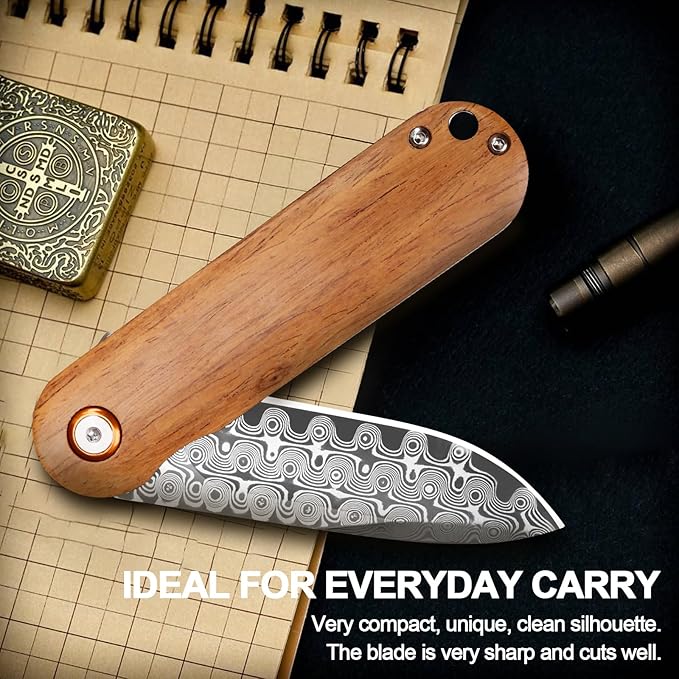 Damascus Pocket Knife, 2.95" Damascus Steel Blade Pocket Knives & Folding Knives, Wooden Handles