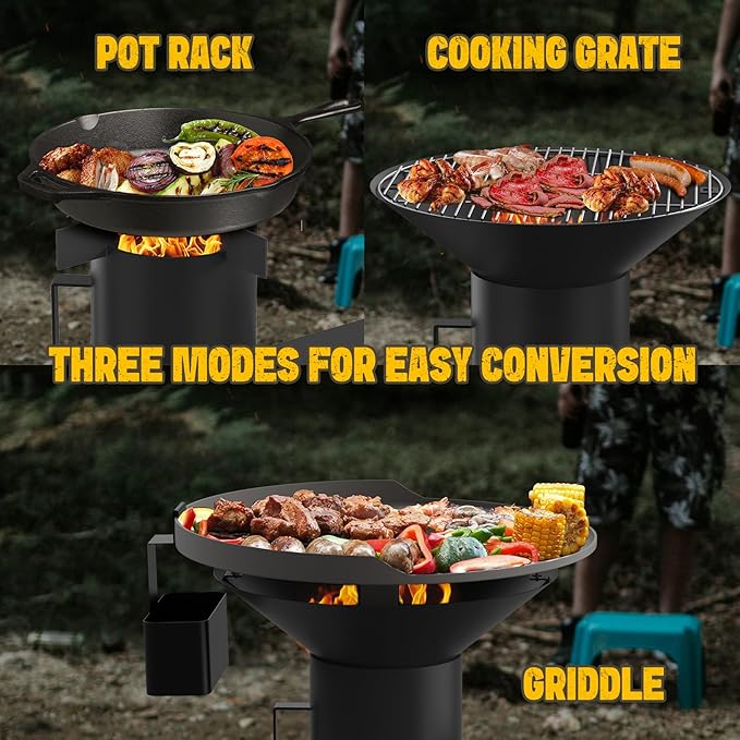 3-in-1 Camp Rocket Stove Kit with BBQ Grate, Griddle, Pot Rack, Portable Wood Burning Stove with