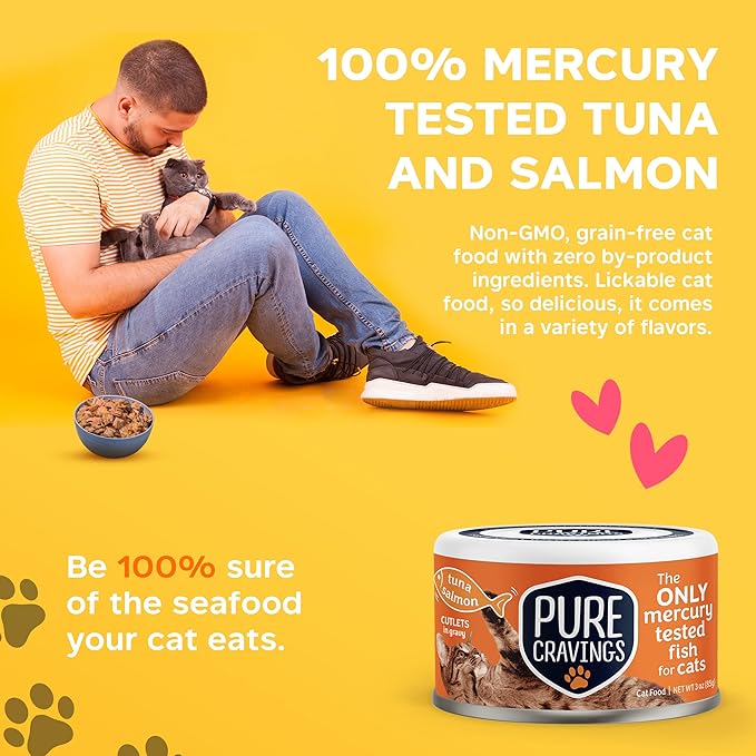 Pure Cravings Wet Cat Food Canned Tuna and Salmon Cutlets in Gravy, 100% Mercury-Tested, Moist Can
