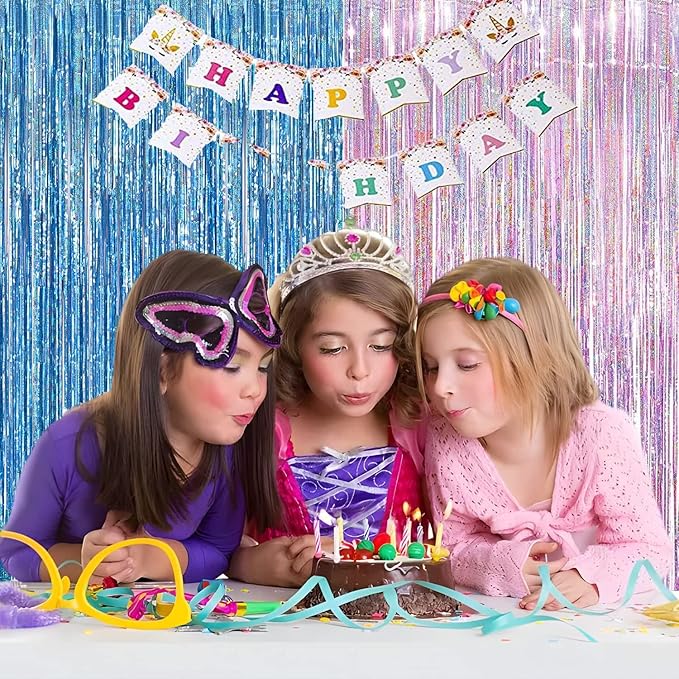 BRAVESHINE Pink Blue Tinsel Foil Fringe Curtains - 2Pcs 3.2x8.2ft Holidays Photo Streamers Backdrop