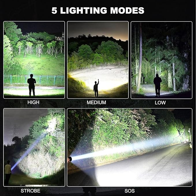 3 Pack Rechargeable LED Flashlights High Lumens, 90,000LM Super Bright Flashlight, Adjustable 5