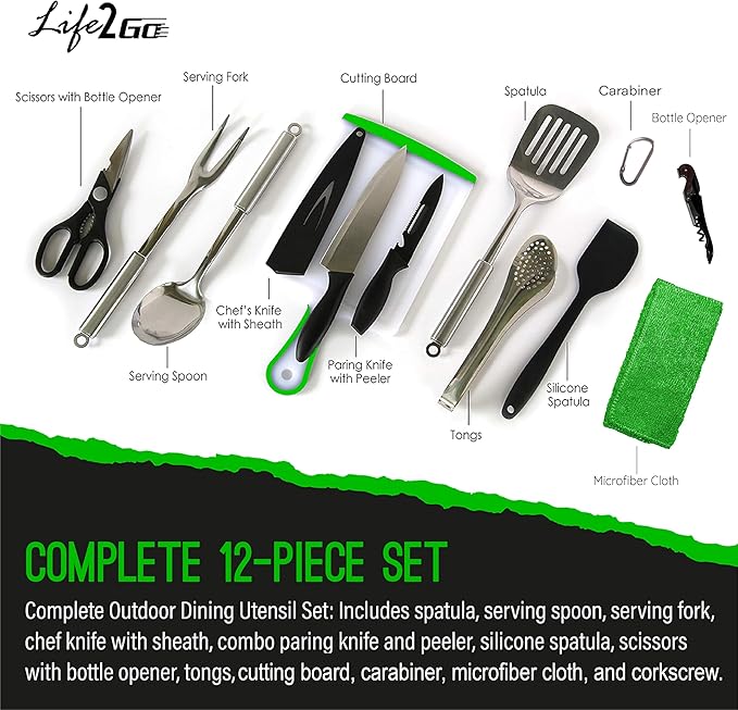 12 Pcs Camp Cooking Utensil Set & Outdoor Kitchen Gear Cookware Kit, Portable Compact Carry Case