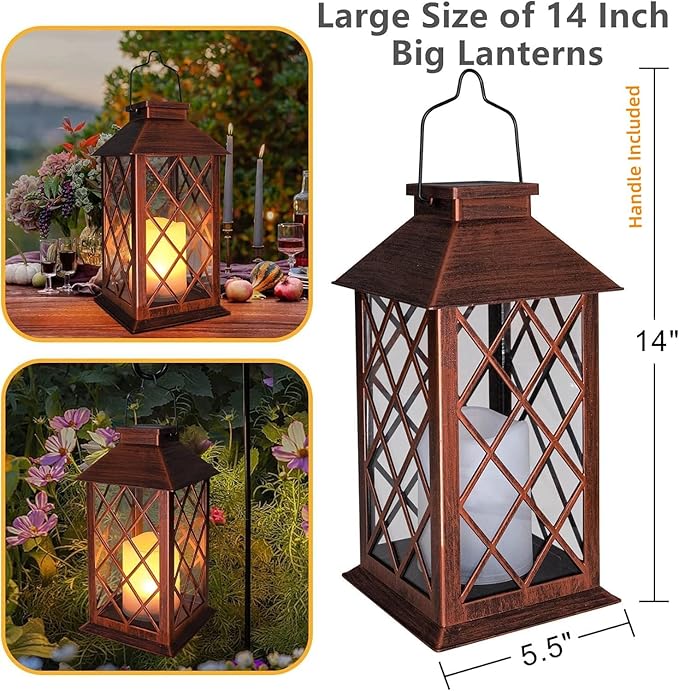 [2 Pack] TAKE ME 14" Solar Lantern Outdoor Garden Hanging Lantern Waterproof LED Flickering