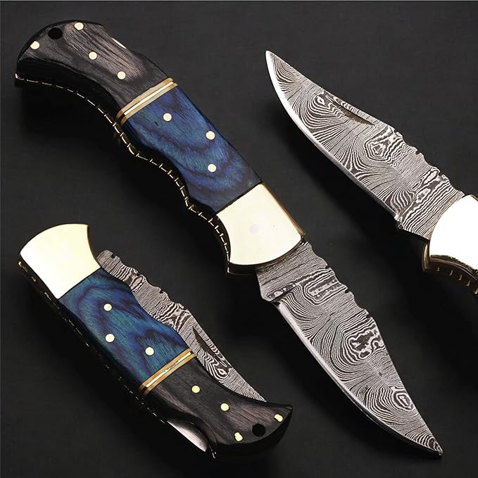 6.5 inch Damascus Pocket Knife with Sheath, Handmade Folding Pocket Knife for Men, Black-Red Wooden