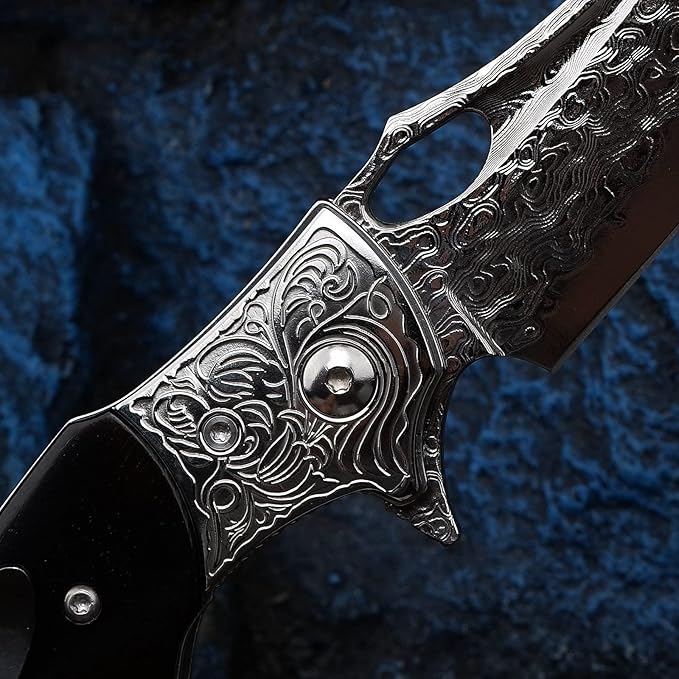 3.5 inch Japanese VG10 Damascus Steel Outdoor Folding Knife with Black Wood Handle, Lined Lock, EDC
