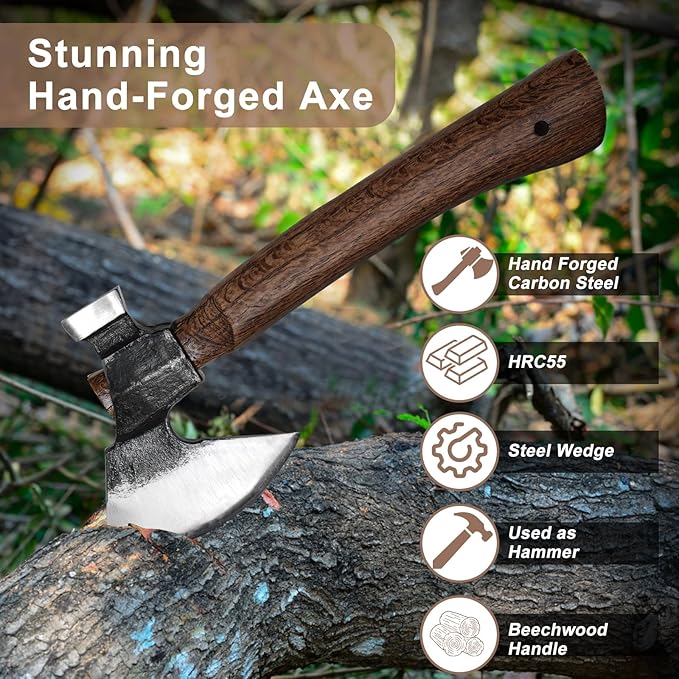 Wood Splitting Axe with Leather Sheath,Camping Hatchet with 10.74" Solid Handle,Bushcraft Axe with
