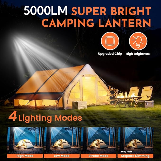12000mAh 5000LM Camping Lights 2Pack, 42W Camping Lantern Rechargeable up to 200H, Lanterns for