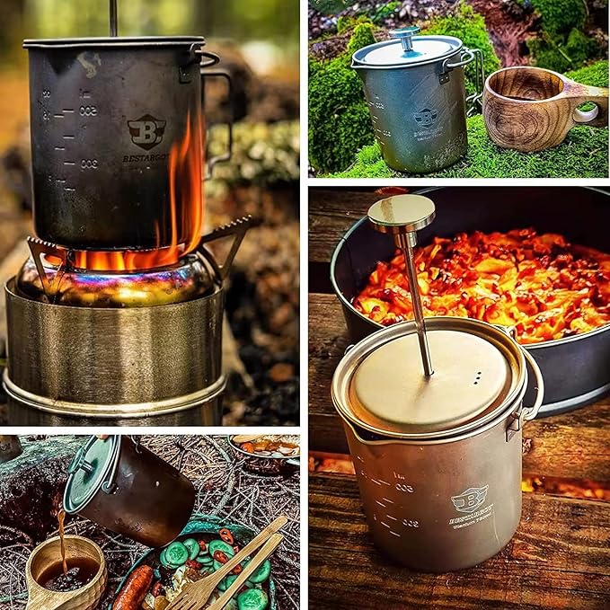 Bestargot Titanium Pot 750ml, Portable French Press | Ultralight Camping Pot for Coffee, Cooking &