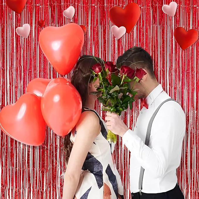 BRAVESHINE Red Tinsel Foil Fringe Curtains - 2Pcs 3.2x8.2ft Holidays Photo Booth Backdrop for