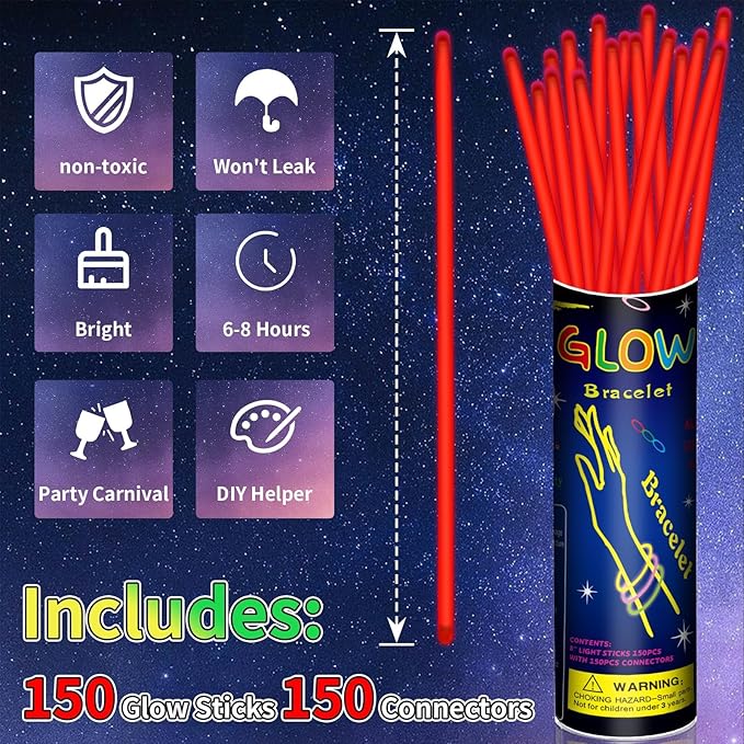 150 Pack 8??Red Glow Sticks Bulk with 150 Connectors Neon Glow In The Dark Party favors Supplies