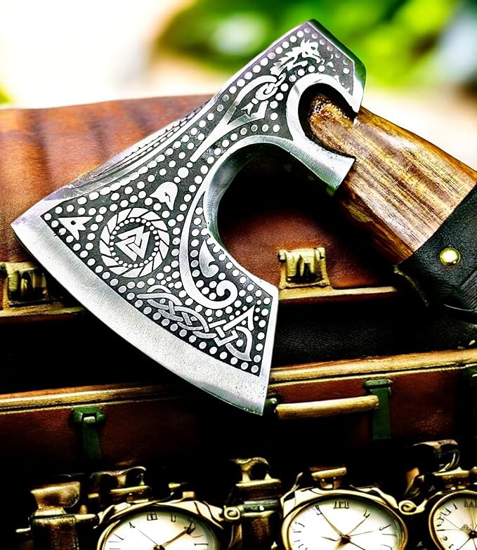 AX-7000 Custom Gift Forged Carbon Steel Viking Axe with Rose Wood Shaft, Viking Bearded Camping Axe