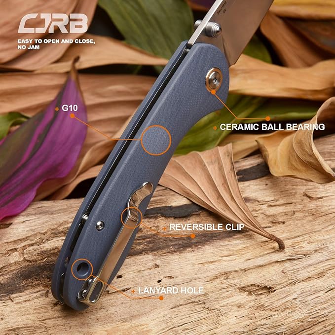 CJRB Folding Knife Feldspar Pocket Folding Knife Stonewash D2 Steel Blade G10 Tactical Handle EDC