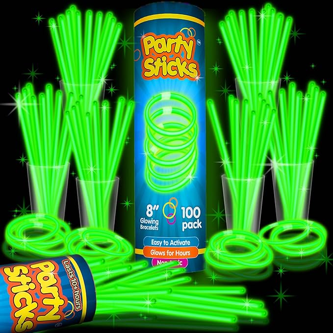 PartySticks Green Glow Sticks - 100pk, 8 Inch Glow in the Dark Light Up Sticks and Connectors for