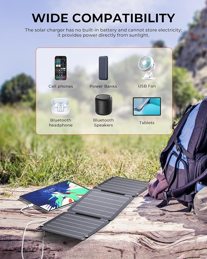 21W Solar Panel Charger BigBlue SolarPowa 20 Portable Solar Charger with USB-A/USB-C Ports, IP68