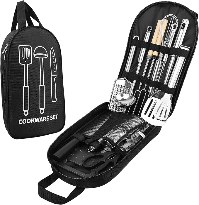 Camping Cooking Utensils Set, Stainless Steel Grill Tools, Camping BBQ Cookware Gear and Equipment